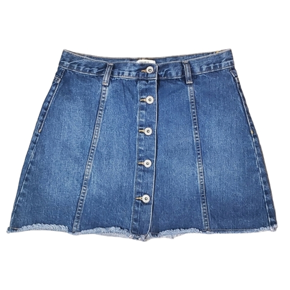 Forever 21 Denim Skirt Womens Size 28 Blue Button Front Frayed Hem Mini Skirt - Picture 2 of 8